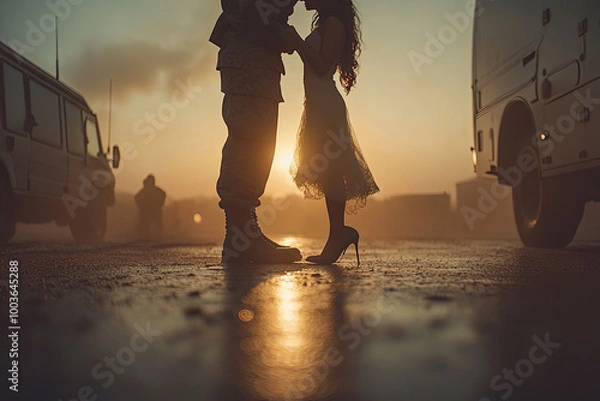 Obraz The couple's feet touch each other, the bride wears high heels and a gauze skirt. The background is blurred in the soft light of sunset. Created with Ai
