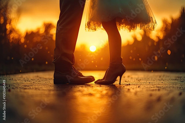 Obraz  A cinematic shot of the bride and groom in their wedding attire, holding each other's hands. Created with Ai