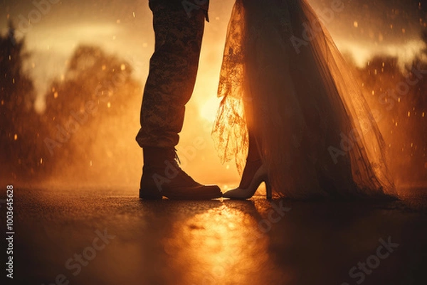 Obraz  The couple is wearing wedding shoes, standing face to the camera with their feet together and legs slightly bent, facing each other in an embrace. Created with Ai