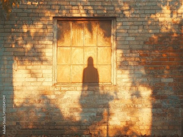 Obraz A silhouette of the tall man against an illuminated brick wall, bathed in warm light from above, creating a mysterious and captivating atmosphere. Created with Ai
