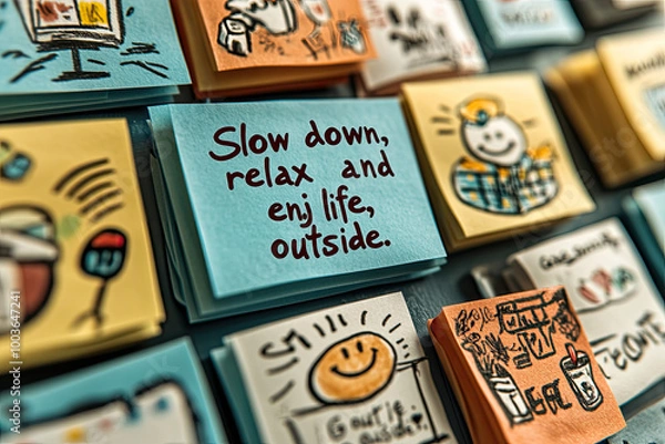Obraz  A photo of the text "Slow down, relax, shape your life outside" written on an office ID card with a cute cartoon-style design. Created with Ai