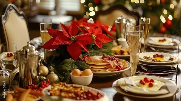 Fototapeta A beautifully set Christmas breakfast table with pancakes, bacon, eggs, and a centerpiece of poinsettias