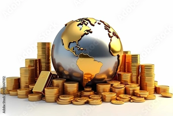 Fototapeta Gold and silver globe surrounded by stacks of gold coins on white background. Global economic growth concept. Generate AI