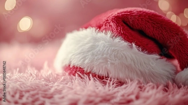 Fototapeta side profile of Santa hat's trim, pastel pink backdrop, detailed white fur and smooth red fabric, subtle highlights, high-definition and festive look.
