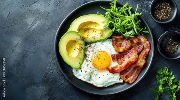 Fototapeta Moody photography of a delicious breakfast with poached eggs and bacon, served with