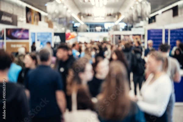 Fototapeta Abstract blurred people at exhibition hall of expo event trade show. Business convention show or job fair. Business concept background.