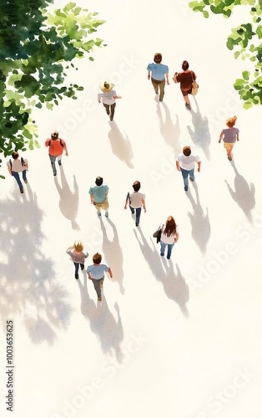 Fototapeta People of different ethnicities walking in the park flat design top view community lifestyle theme watercolor Splitcomplementary color scheme