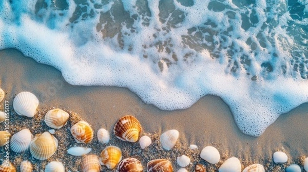 Fototapeta Overhead shot of a serene beach featuring a variety of seashells and small waves gently