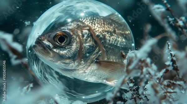 Fototapeta A fish encased in a transparent ice ball, its scales reflecting a soft glow.