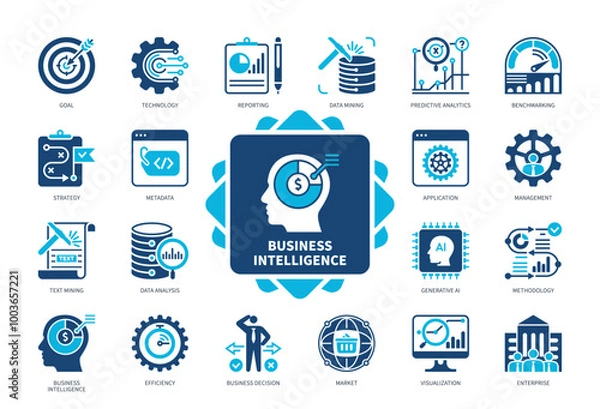Obraz Business Intelligence icon set. Strategy, Management, Benchmarking, Data Analysis, Efficiency, Data Mining, Reporting, Market. Duotone color solid icons