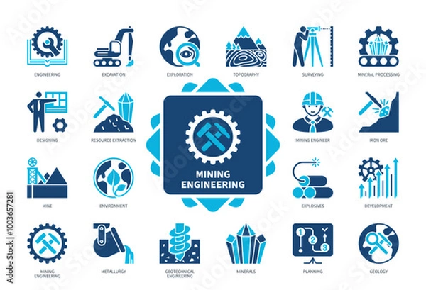 Obraz Mining Engineering icon set. Surveying, Metallurgy, Engineering, Exploration, Mine, Geotechnical, Iron Ore, Explosives. Duotone color solid icons