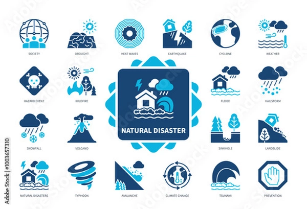 Obraz Natural Disaster icon set. Hailstorm, Typhoon, Landslide, Volcano, Avalanche, Heat Waves, Tsunami, Earthquake. Duotone color solid icons