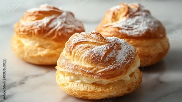 Fototapeta Vanilla choux cream puffs with delicate powdered sugar topping, placed on a marble countertop with soft lighting for a sophisticated look, choux cream, elegant pastry concept