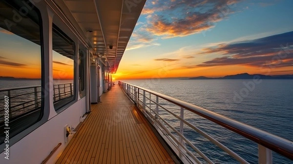 Fototapeta a scenic view from the deck of a ship during sunset. The deck has a wooden floor and is lined with a railing on the right side, overlooking the ocean. On the left side, there are large windows reflect
