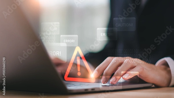 Obraz Programmer and virtual icons , exclamation mark ,alarm,computer virus detected ,danger warning concept or information error that should be urgently fixed and repaired ,Notification of security issues