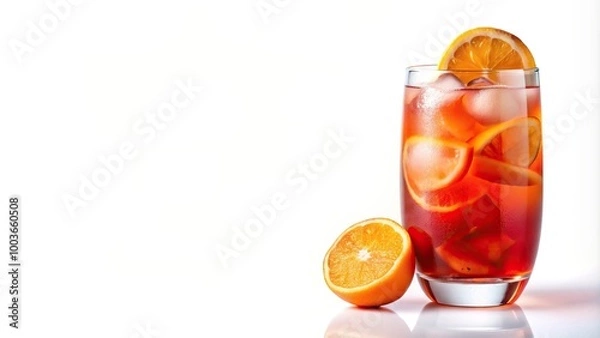 Fototapeta orange, white background, medium shot, vibrant, A refreshing Campari orange cocktail is captured in this vibrant stock photo isolated on a white background shown in a medium shot
