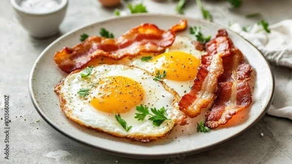 Fototapeta Photography of a delicious breakfast plate with perfectly cooked sunny-side-up eggs and crispy