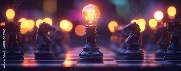Fototapeta Geometric business growth, The golden chess pieces have light bulb heads that do not glow