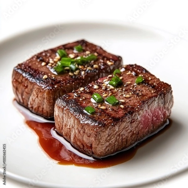 Fototapeta Oozing sauce over the Wagyu steak, isolated on a white background, tantalizing and mouthwatering.