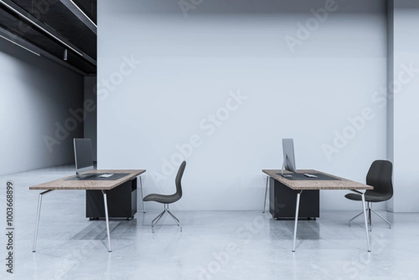 Fototapeta Simple coworking office interior with furniture and mock up place on wall. 3D Rendering.
