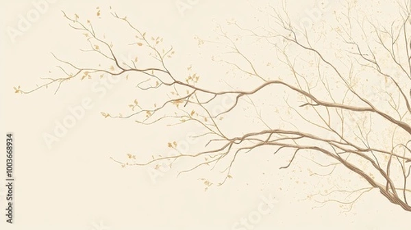 Fototapeta A delicate illustration of bare branches with sparse autumn leaves against a soft, neutral background.