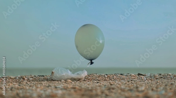 Obraz Deflated Balloon and Plastic Bag on Beach  Ocean Pollution Concept