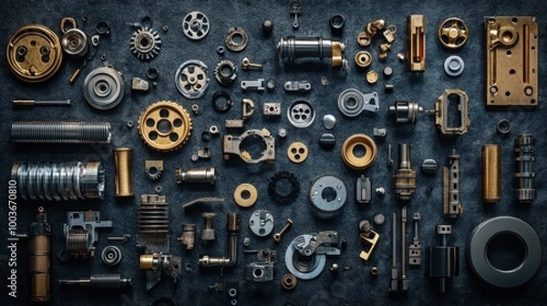 Fototapeta Detailed Image of Mechanical Components and Parts Arranged in Artistic Formation on a Dark Surface