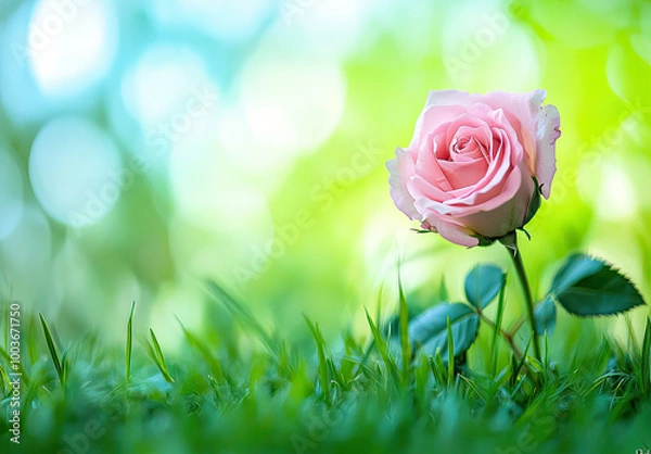 Fototapeta  A pink rose in the grass, with green leaves and dewdrops on it. The background is blurred and has a soft light blue color tone. Created with Ai