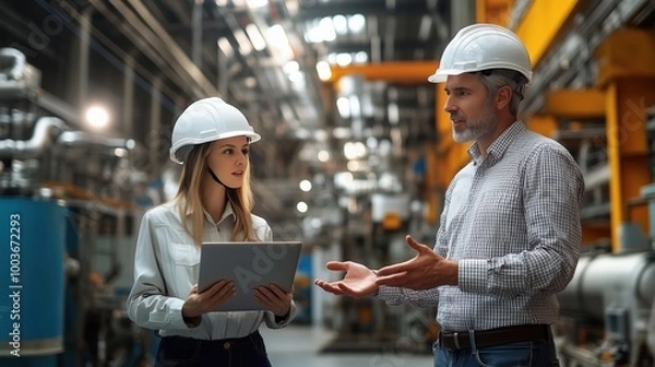Fototapeta Engineering Discussion in Industrial Setting. Woman and a man engage in a professional discussion in an industrial environment, showcasing teamwork and collaboration in engineering and technology.