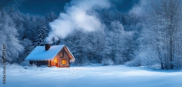 Obraz Cozy cabin in snowy landscape at night with smoke rising from chimney.