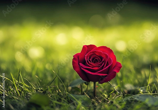 Fototapeta A vibrant red rose, perfectly blooming in the lush green grass of an open field, with a blurred background that adds depth and focus to its beauty. Created with Ai