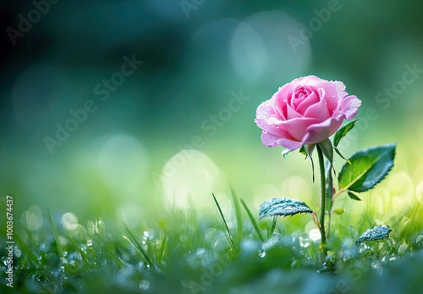 Obraz  A pink rose in the grass, with a bokeh background, a green color tone, fresh and natural, with water droplets on the petals. Created with Ai