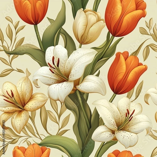 Fototapeta A seamless pattern with elegant tulips and lilies arranged in a flowing, continuous repeat design