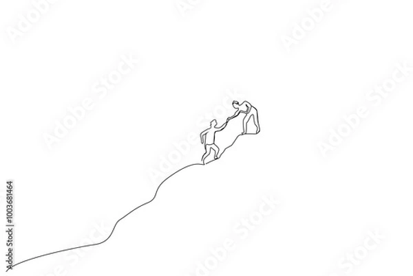 Fototapeta two friends together helping each other up hill and mountain one line art design vector