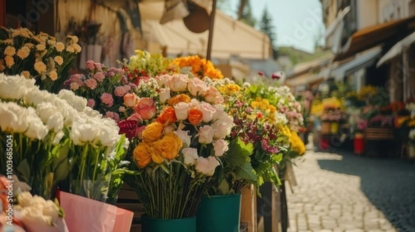 Fototapeta Wide shot of a flower market on a sunny day, with vibrant bouquets of flowers arranged