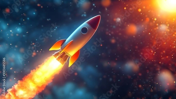 Obraz Launching new product or service. Technology development process. Space rocket launch. 3d render.