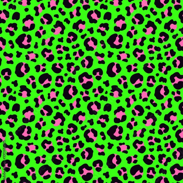 Fototapeta  bold and vibrant neon green leopard seamless pattern with pink spots. Perfect for fashion, home decor, or any project needing a trendy and eye-catching design