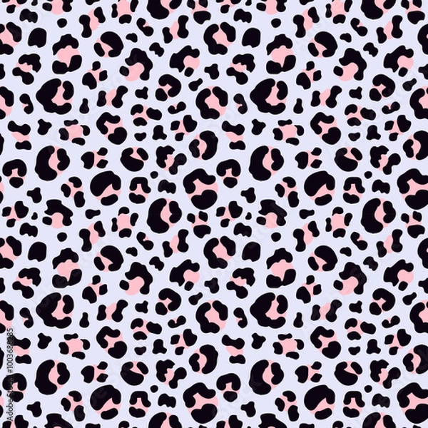 Fototapeta bold and vibrant leopard seamless pattern in pink and black on a lavender background. Perfect for fashion, home decor, or any project needing a trendy and eye-catching design