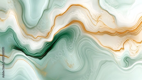 Fototapeta Elegant abstract marble texture featuring soft green and white swirls with delicate golden veins in a serene layout