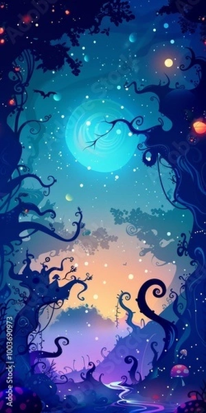 Fototapeta Whimsical hand-drawn cartoon background with silhouette elements.