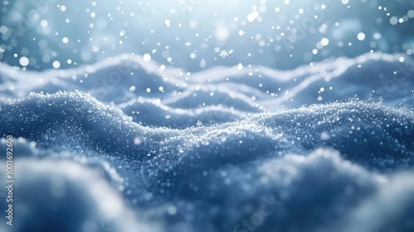 Fototapeta A serene close-up view of fresh snowflakes, glistening softly in the sunlight, creating a tranquil winter landscape.