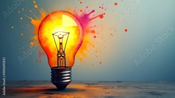 Fototapeta Lightbulb with vibrant splashes representing creativity and inspiration in art