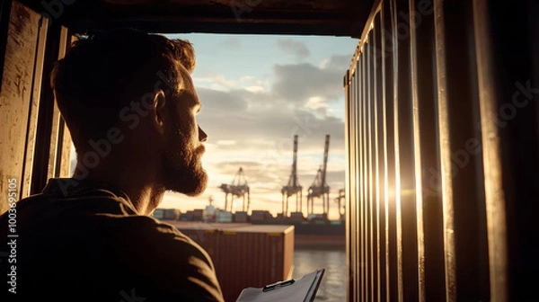 Fototapeta A man stands in a shipping container, watching the sunset over a busy port. Silhouetted against the warm colors, he holds a clipboard, reflecting on the industrial scene outside.