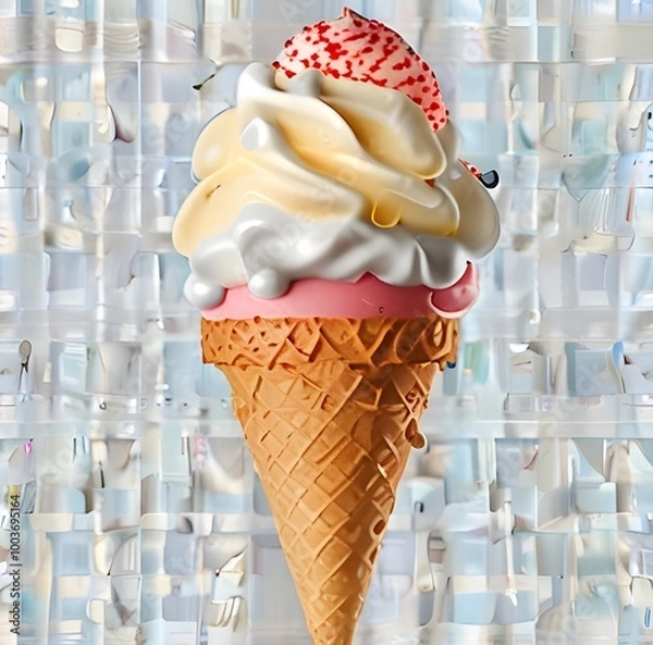 Fototapeta Ice cream scoop on waffle cone on transparent background cutout, PNG file. Many assorted different flavour Mockup template for artwork design.