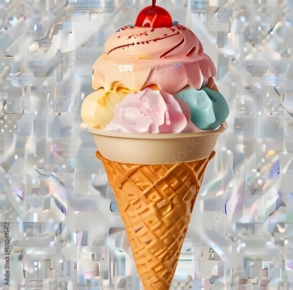 Fototapeta Ice cream scoop on waffle cone on transparent background cutout, PNG file. Many assorted different flavour Mockup template for artwork design.