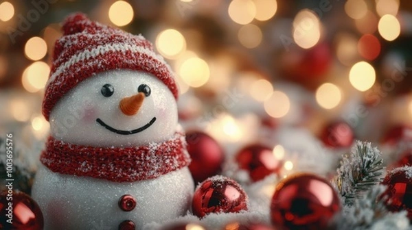 Fototapeta side profile snowman face, scattered red and green ornaments in background, light swirl blur, soft glow, playful holiday feel.