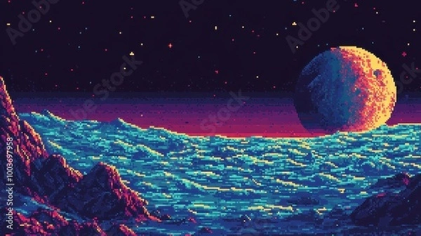 Obraz Vibrant Pixel Art Landscape with Moon and Ocean