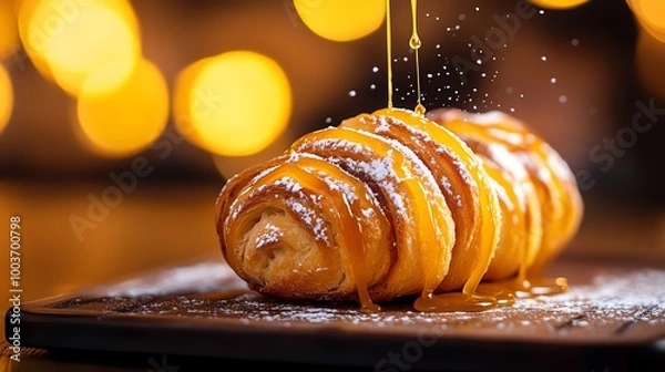 Fototapeta Danish pastries with a cinnamon swirl, topped with caramel drizzle and powdered sugar, shot in warm lighting to enhance the indulgent texture, Danish pastry, sweet dessert concept