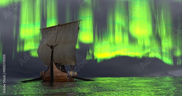 Fototapeta Viking ship longship 3D render image of aurora borealis and sailing ship