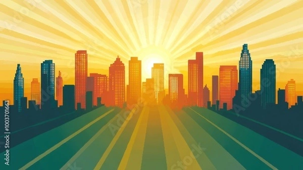 Obraz Sunrise Over City Skyline with Radiant Background